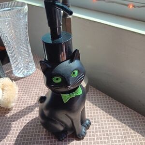 Black Cat Soap Dispenser with Green Bow Tie, New, Never Used